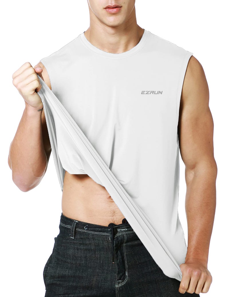 EZRUN Men's Sleeveless Shirt Quick Dry Workout Swim Shirt Gym Muscle Athletic Beach Tank Top(White,L) - Image 3